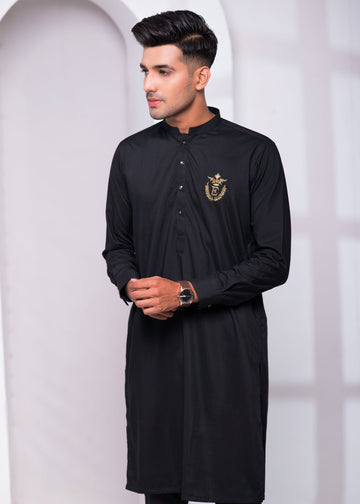 Black Color Golden Signature Embroidered Kurta Pajama For Men